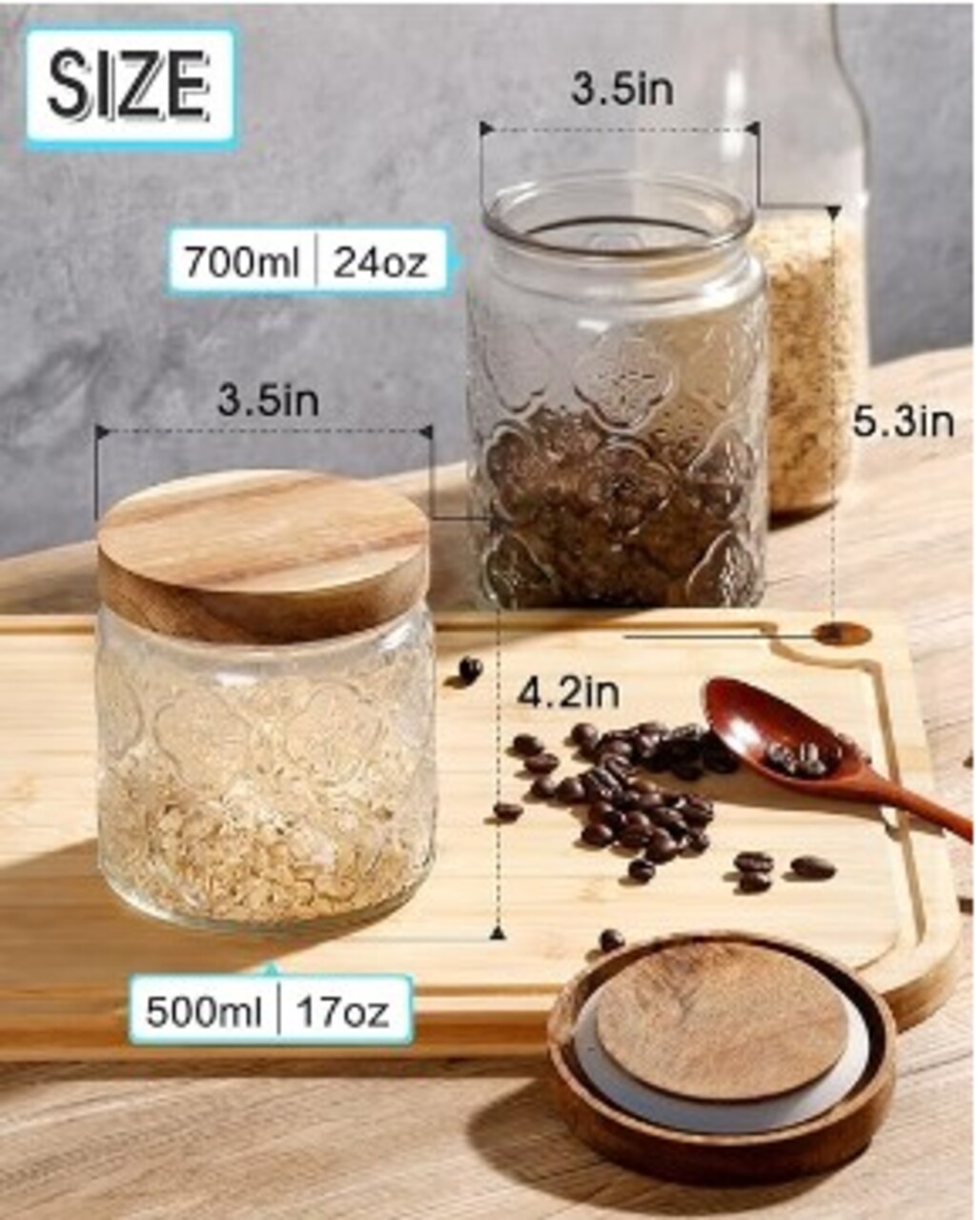 Jars with Lids, Glass Jars with Wood Lids, Vintage Glass Jar Set of 2